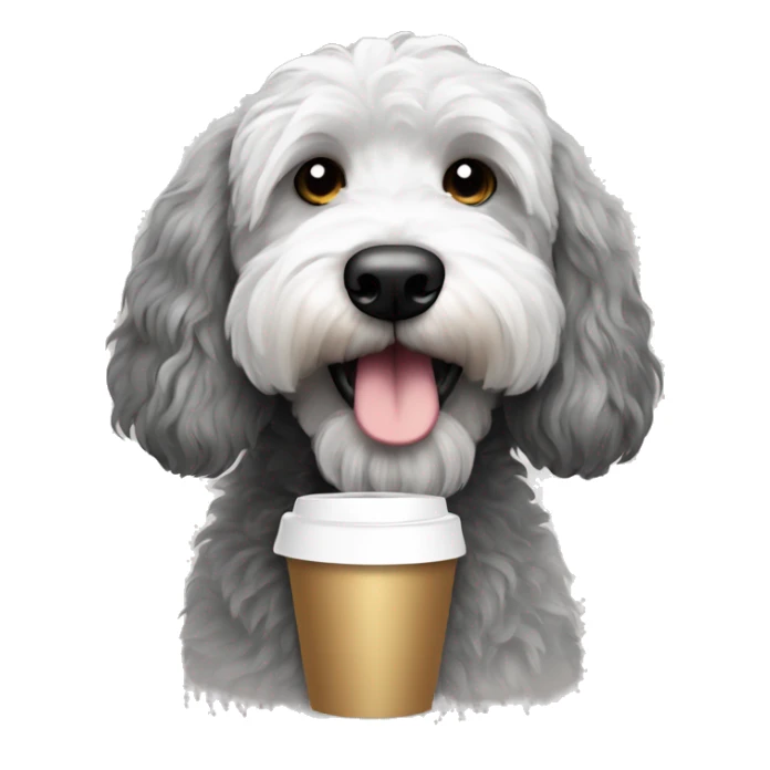 Black, gray , and white goldendoodle dog with coffee cup  sticker