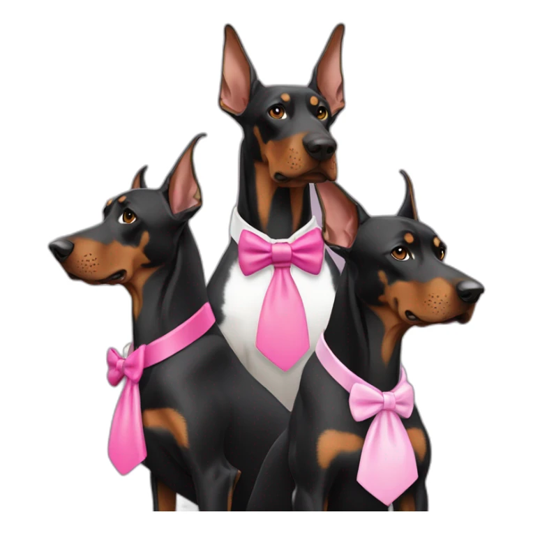 3 doberman one white with a pink bow tie on the neck, one black and one brown sticker