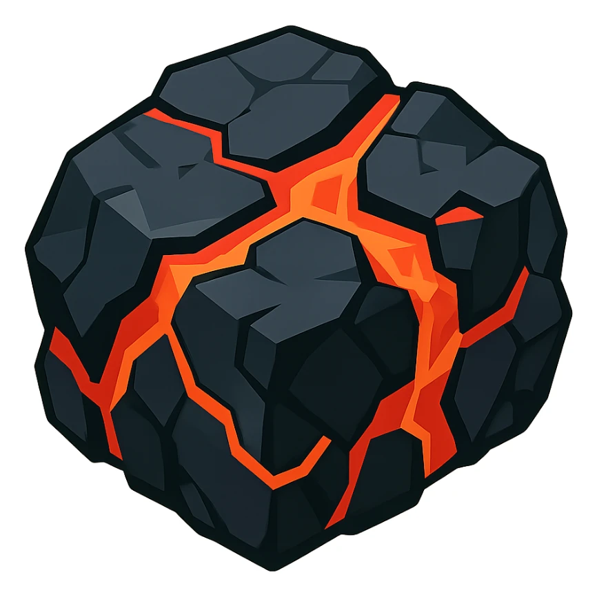 a chunk of black volcanic rock with molten lava veins, stylized, no background sticker