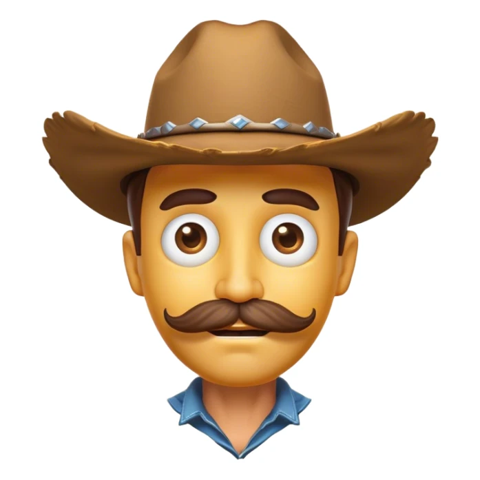 Clash of Clans aesthetic Comical Cowboy Portrait Emoji, Head tilted dramatically with an exaggerated, fun expression and wide, comically expressive eyes, featuring a rugged yet cartoonish build with a playful cowboy hat and quirky mustache, his natural skin tone evident, Simplified yet hilariously expressive features, highly detailed, glowing with a slightly sassy western glow, high shine, dramatic yet playful, stylized with an air of cheeky frontier mischief, soft glowing outline, capturing the essence of a meme-worthy cowboy bringing humor to epic quests! sticker