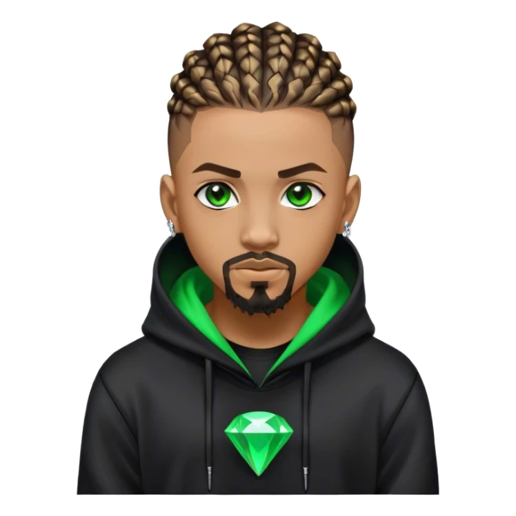 Light skinned African American male with green eyes as a cyberpunk hacker with cornrows hairstyle but short cornrows  with goatee facial hair with small diamond stud with black hoodie  sticker