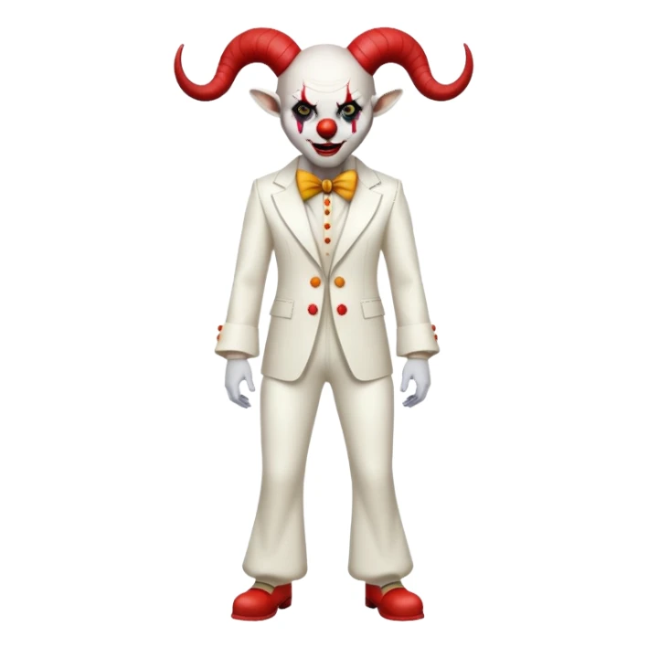 full-body demonic clown in a white leisure suit with bellbottom pants, bald, with black ram horns sticker