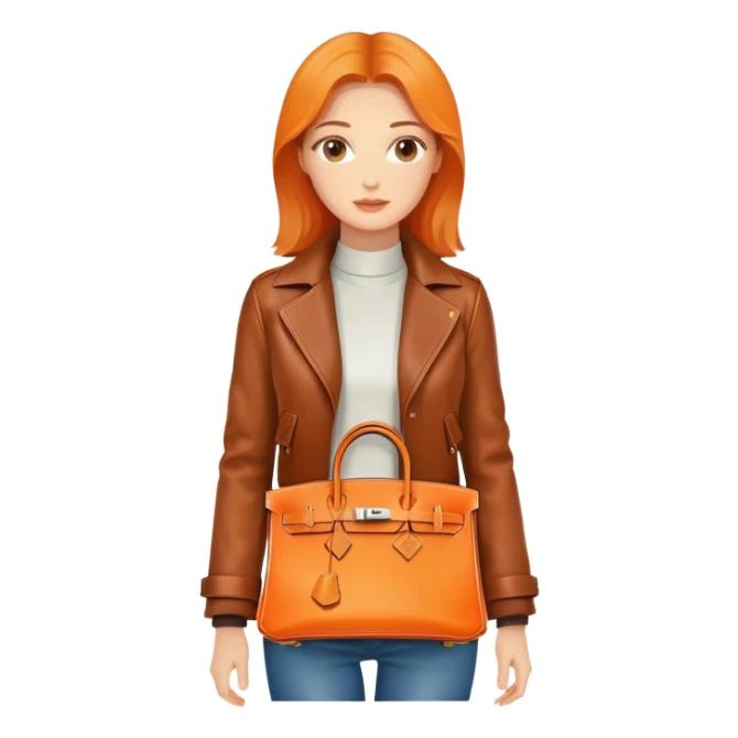 Beautiful woman wearing a leather Hermes jacket and carrying an orange Hermes Birkin Bag. I want the image to be close up.  sticker