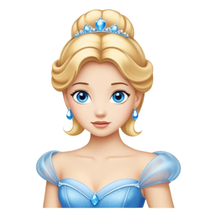 Cinematic Realistic Comical Cinderella Portrait, with every detail rendered realistically—from the soft, smooth texture of her fair skin to her artfully styled golden-blonde hair. Her bright blue eyes are wide with playful disbelief, and her expression carries a touch of whimsical humor while retaining elegant poise. Her classic ball gown, detailed with rich fabric textures and natural shadows, catches the light in a way that blends refined beauty with a hint of cheeky mischief, creating a striking, lifelike portrayal. sticker