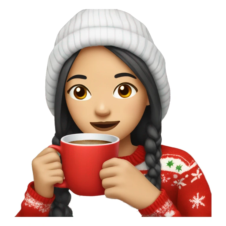 asian girl drinking coffee wearing Christmas sweater sticker