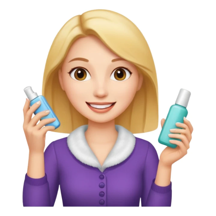 A woman holding a cosmetic product and speaking. sticker