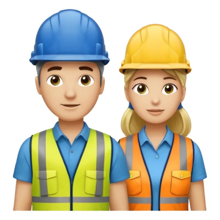 Um homem e uma mulher amarelos com capacete de obras ambos azul escuro e camisa social cinza com faixas refletivas verdes nos braços, Um deles deve estar segurando um megafone sticker