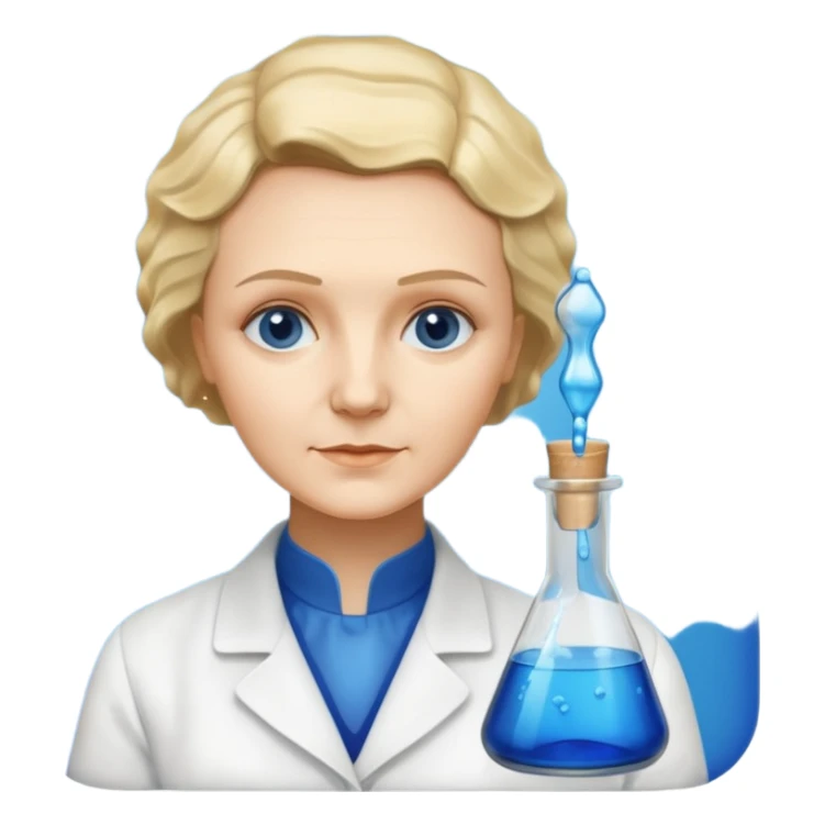 Marie Curie with experimental bottle sticker