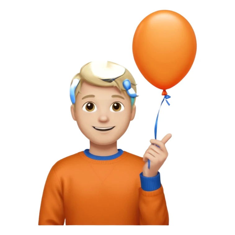 white skin, blonde hair man, orange sweater, hold blue balloon sticker
