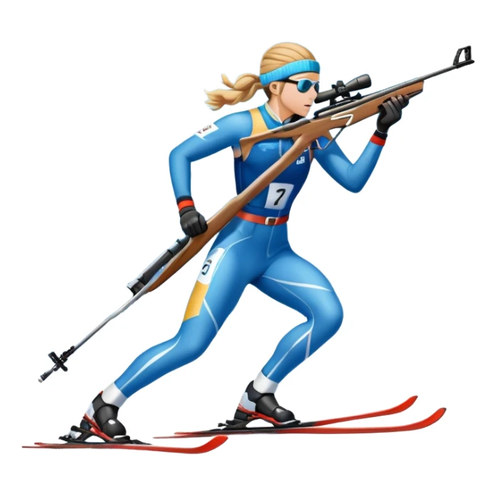 An icon featuring snow-covered trees, distant mountains, and a clear blue sky with a biathlete in motion, holding a rifle and skiing across a snowy course. Transparent background highlights the precision, endurance, and excitement of biathlon. sticker