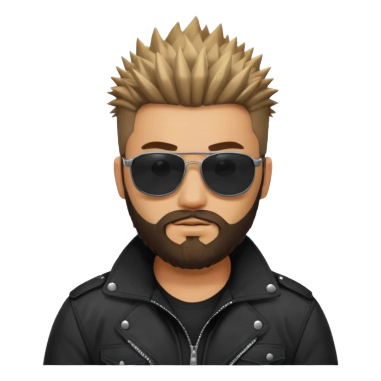 biker gang with black sunglass and rugged and bulky guy bearded spicks hair black jacket sticker