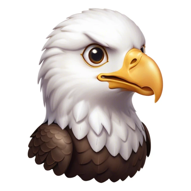 Cinematic Cute American Eagle Portrait Emoji, Head tilted playfully and inquisitively, featuring a streamlined form with a subtle blend of dark and white plumage and round, sparkling eyes full of spirited charm, Simplified yet irresistibly adorable features, highly detailed, glowing with a warm, inviting glow, high shine, affectionate and lively, stylized with a touch of whimsical aerial grace, soft glowing outline, capturing the essence of a mischievous yet endearing American eagle that seems as if it could glide out of the screen into your heart! sticker