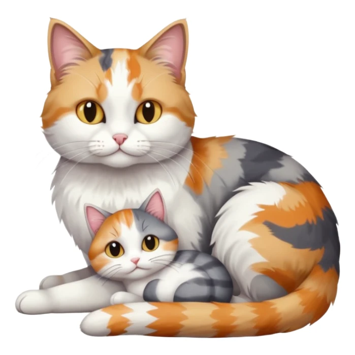 full body colourful light patched calico + white tabby cat cuddling a grey and white cat  sticker