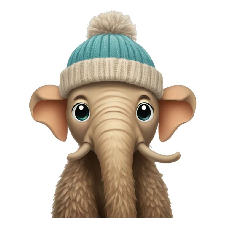 a baby mammoth in a small knitted hat and a narrow knitted scarf sticker