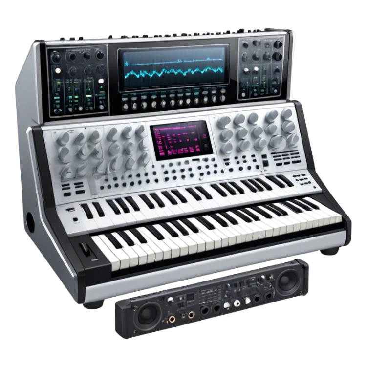 Create a professional and detailed emoji that represents sound design equipment. The design should feature a high-end Korg synthesizer, a sound mixing console, and a control panel with audio cables connecting to large studio speakers. Surround the equipment with sound waves made of musical notes to symbolize the creative process of shaping sound. Use sleek colors like silver, black, and neon accents to highlight the high-tech nature of the equipment. The background should be transparent. sticker