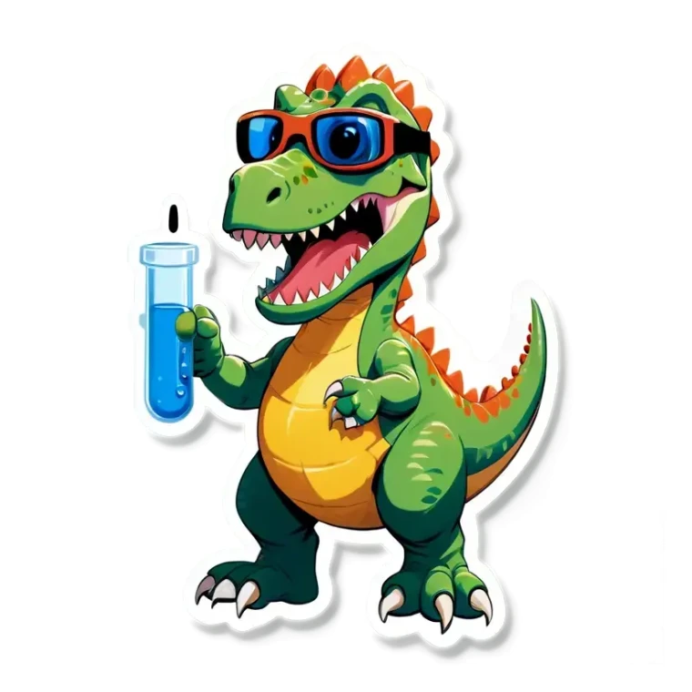 dinosaur holding a test tube with safety goggles sticker