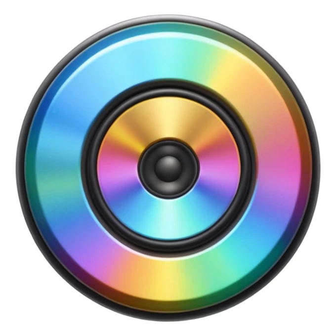 A speaker emoji 🔊 with a smooth CD-like surface that reflects iridescent colors shiny plastic body, prismatic reflections shifting across the front, soft sparkles and light gleams, holographic sheen, clean simple shape, bright colorful highlights sticker