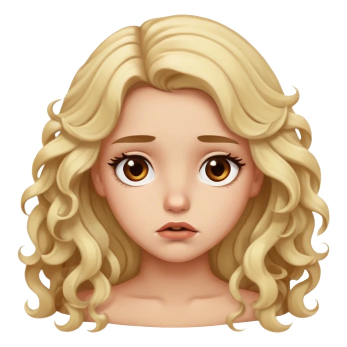blonde model, brown eyes, long curls, sad sticker