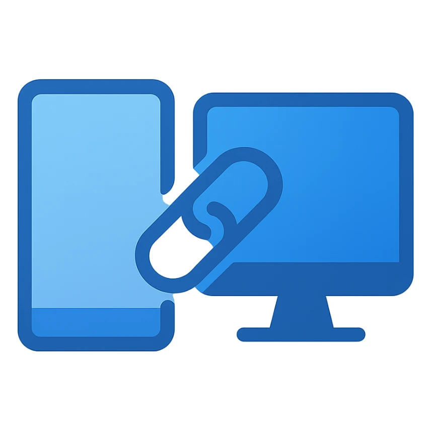 Create a very simple flat color clip art style icon showing a phone and a PC monitor with a link or connection between them. Use the three blue shades from the flat blue palette. The style is minimal and clean with no text, on a transparent background. sticker