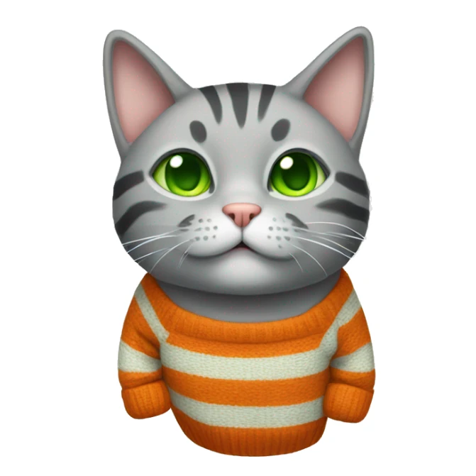 A striped grey cat with green eyes with orange sweater in full growth sticker