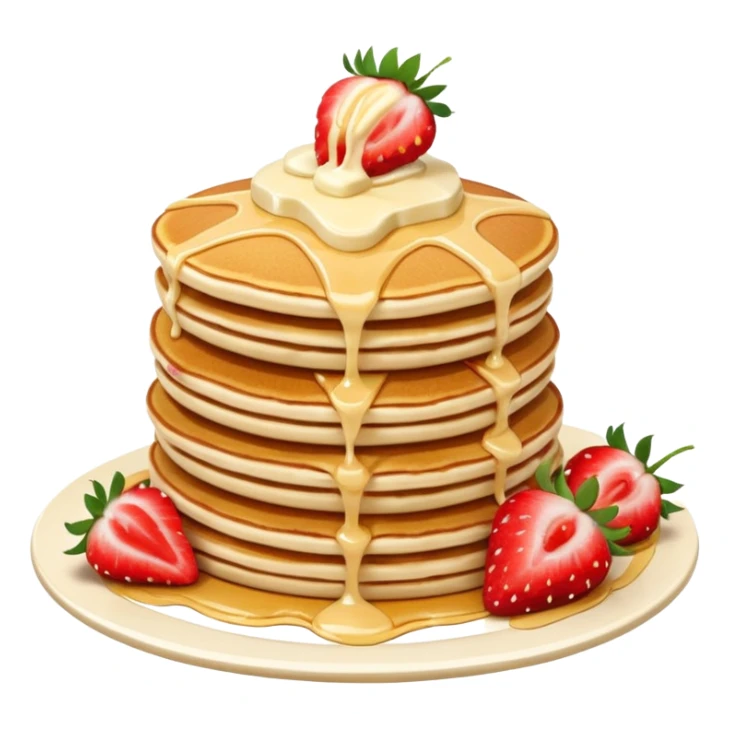 a stack of pancakes with melted white chocolate drizzle and strawberries sticker