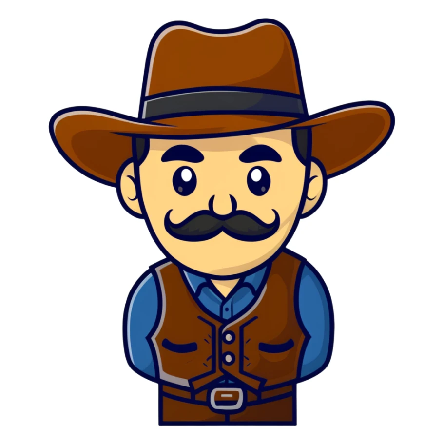 Dutch van der Linde from Red Dead Redemption, charismatic gang leader with mustache, wearing a vest and hat, wild west outlaw sticker