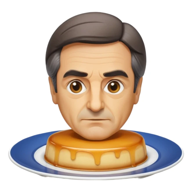 apple style emoji bust of François Fillon, everything made from slightly translucent beige flan, no distinct hair, eyes, or skin colors, all features flan, on a white plate sticker