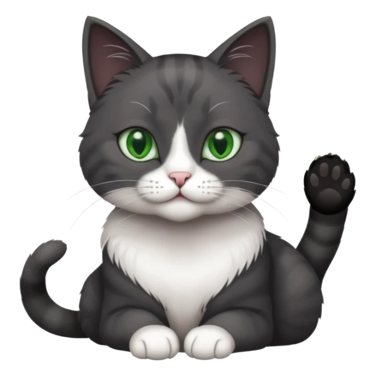 beautiful female solid dark grey cat with green eyes, white toes/paws and white patch on her chest playing sticker