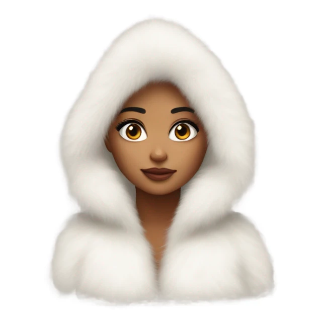 Tanned Girl with lashes ,  in an extremely big fluffy oversized white fur coat with hood on. The fur is real and it’s very obvious big and fluffy like in Pinterest  sticker