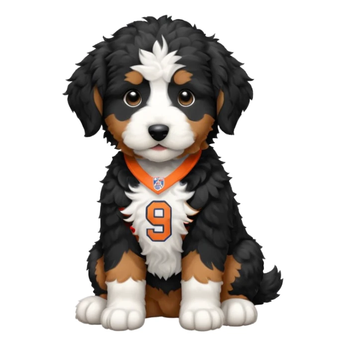 black and white bernedoodle puppy wearing broncos jersey sticker