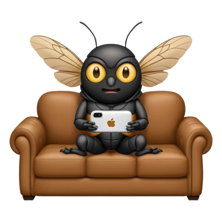 Black Cicada cartoon style watching on a phone sit on a brown sofa  sticker