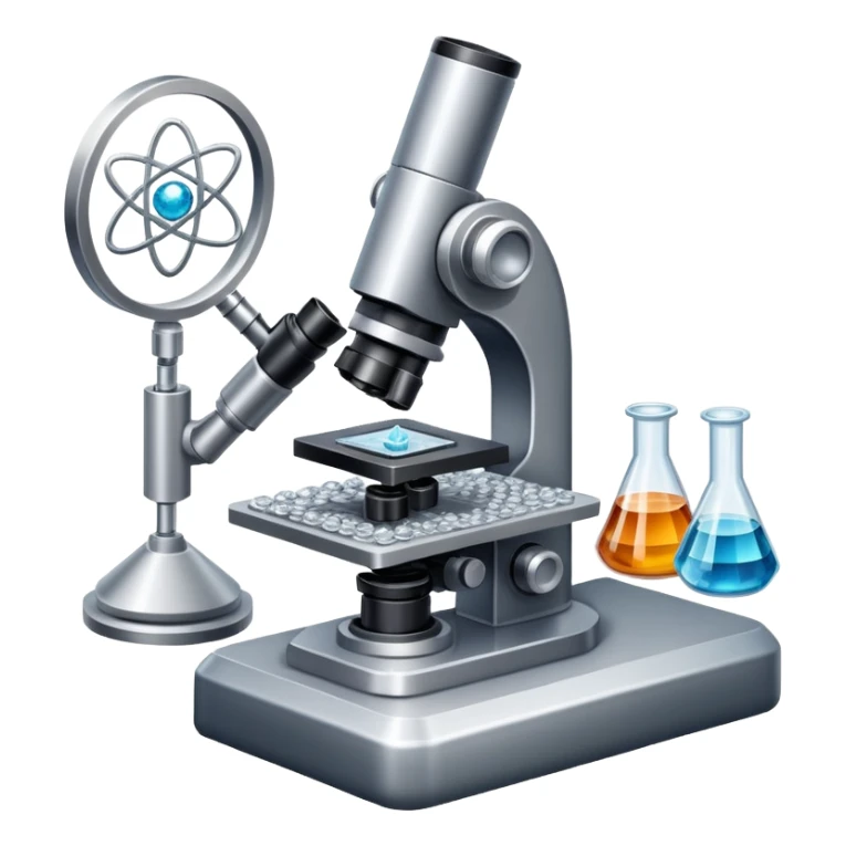 An icon featuring an electronic microscope, a metal alloy, atomic structure symbols, and a crystal structure, symbolizing materials science. The design includes different materials like metals, ceramics and polymers, alongside a stamp representing testing and quality control. Transparent background sticker