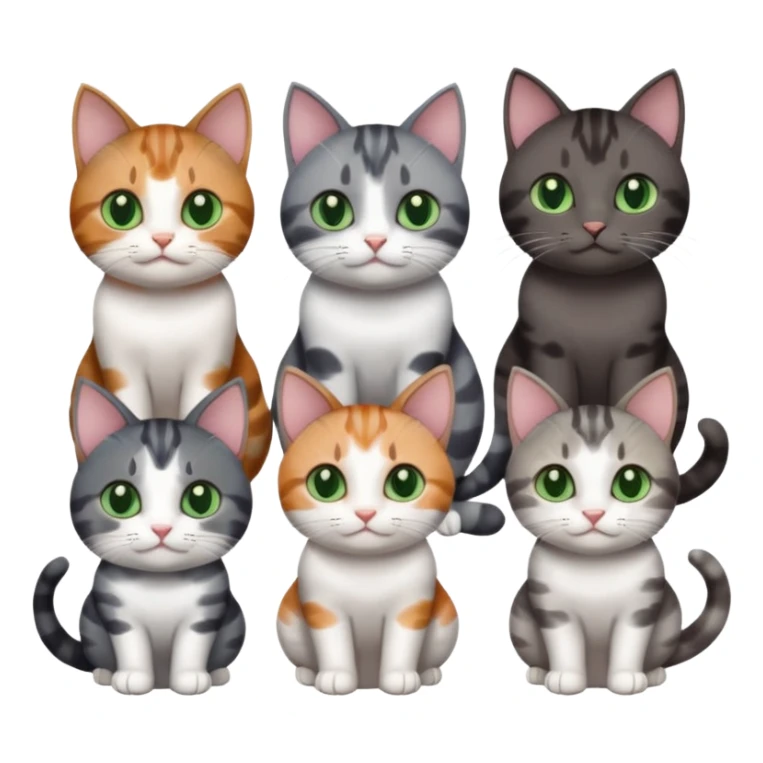 6 different coloured small cats including a dark grey and white, and a patchy calico, and a brown tabby and white,  and a completely solid dark grey with green eyes and only white paws sticker
