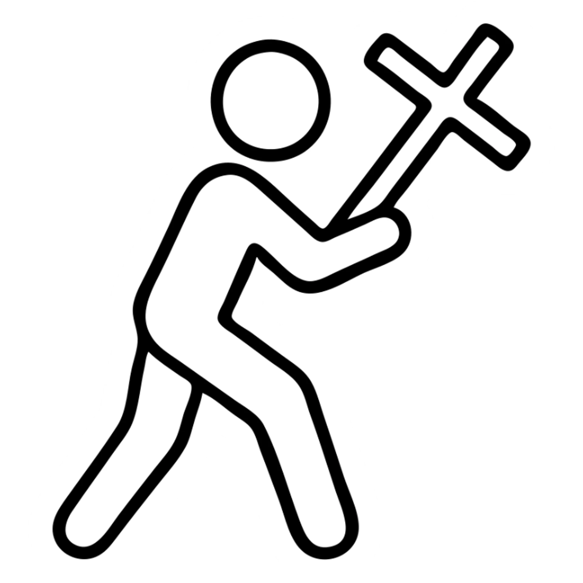icon of active faith, person stepping forward with a cross, outlined style sticker