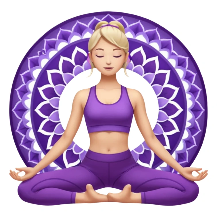 A woman in purple activewear lifting her hips in bridge pose, glowing light, gentle mandala pattern behind. sticker