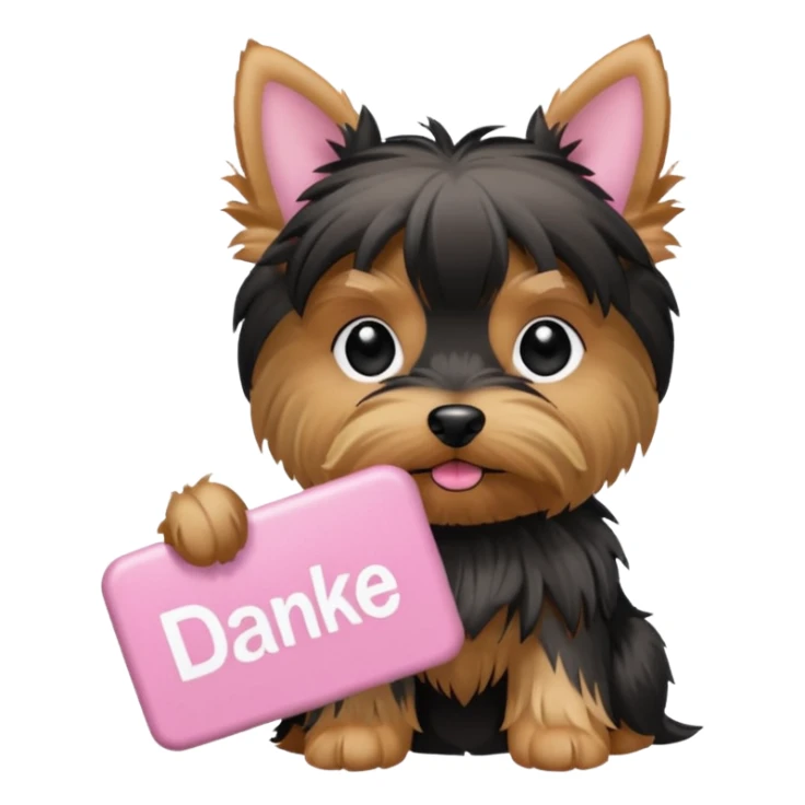 yorkshire dog holding a light pink danke schön sign sticker