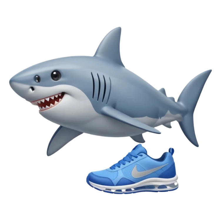 playful shark with two tiny legs, sideways, grinning, wearing blue Nike sneakers sticker