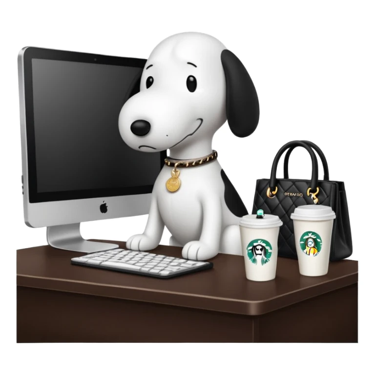 snoopy in a desk with starbucks and his chanel purse sticker