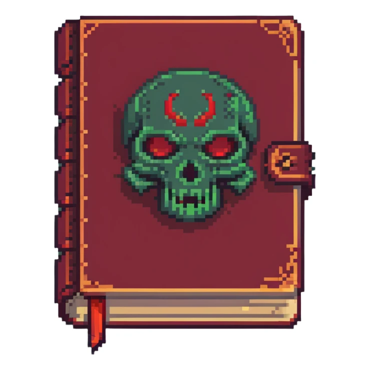 ancient red spellbook with ominous face on cover in pixel art style sticker
