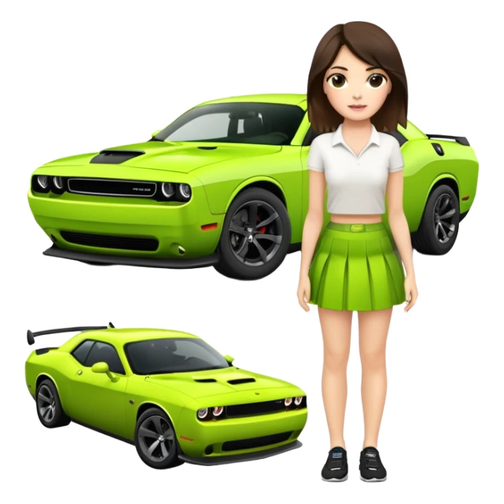 lime green dodge challenger scat pack widebody with a short brunette wearing a skirt sticker