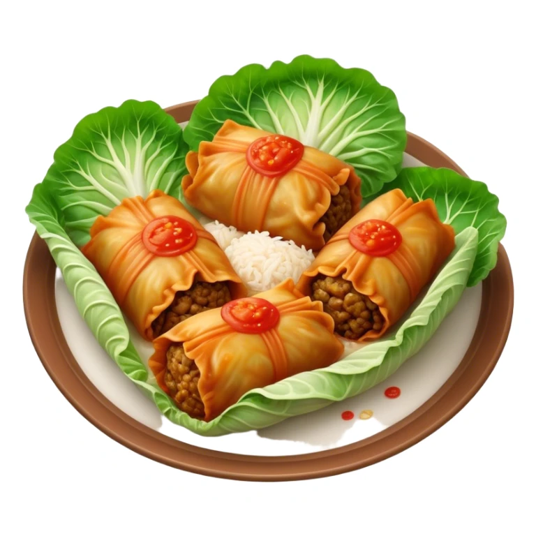 Cinematic Realistic Go≈ÇƒÖbki Dish Emoji, featuring cabbage rolls stuffed with rice and meat rendered with lifelike detail and inviting, homey lighting. sticker