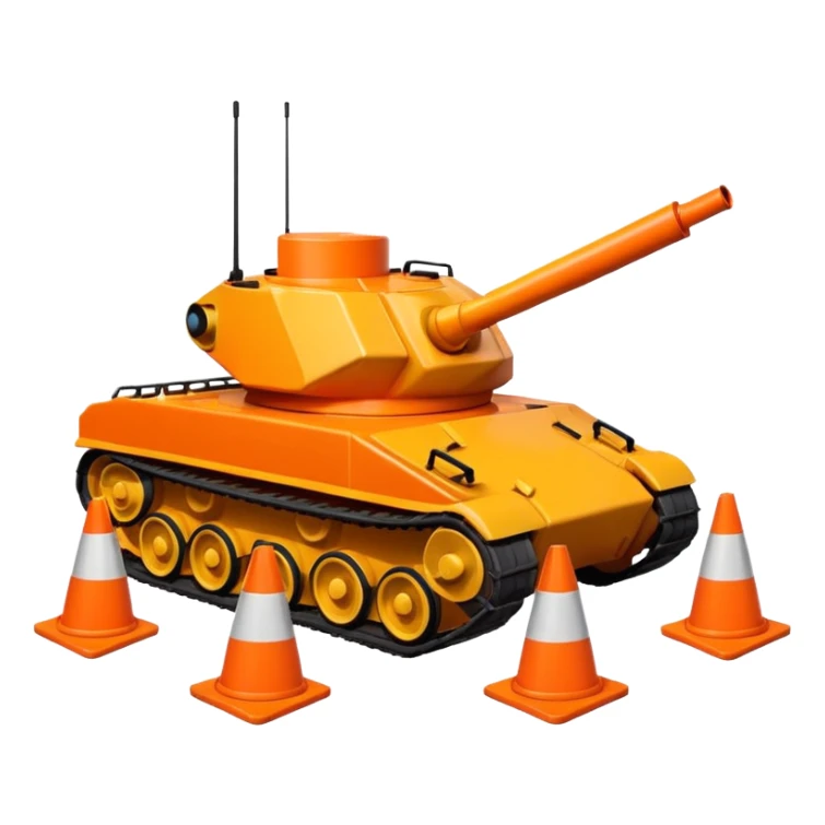 a tank running over several traffic cones, emoji style sticker