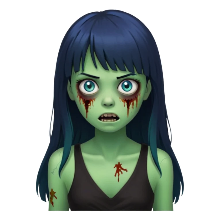 faça uma garota na forma de zumbi com a pele verde, assustada e com os olhos azuis, com o cabelo bem preto com franja e longo e a roupa decotada preta sticker