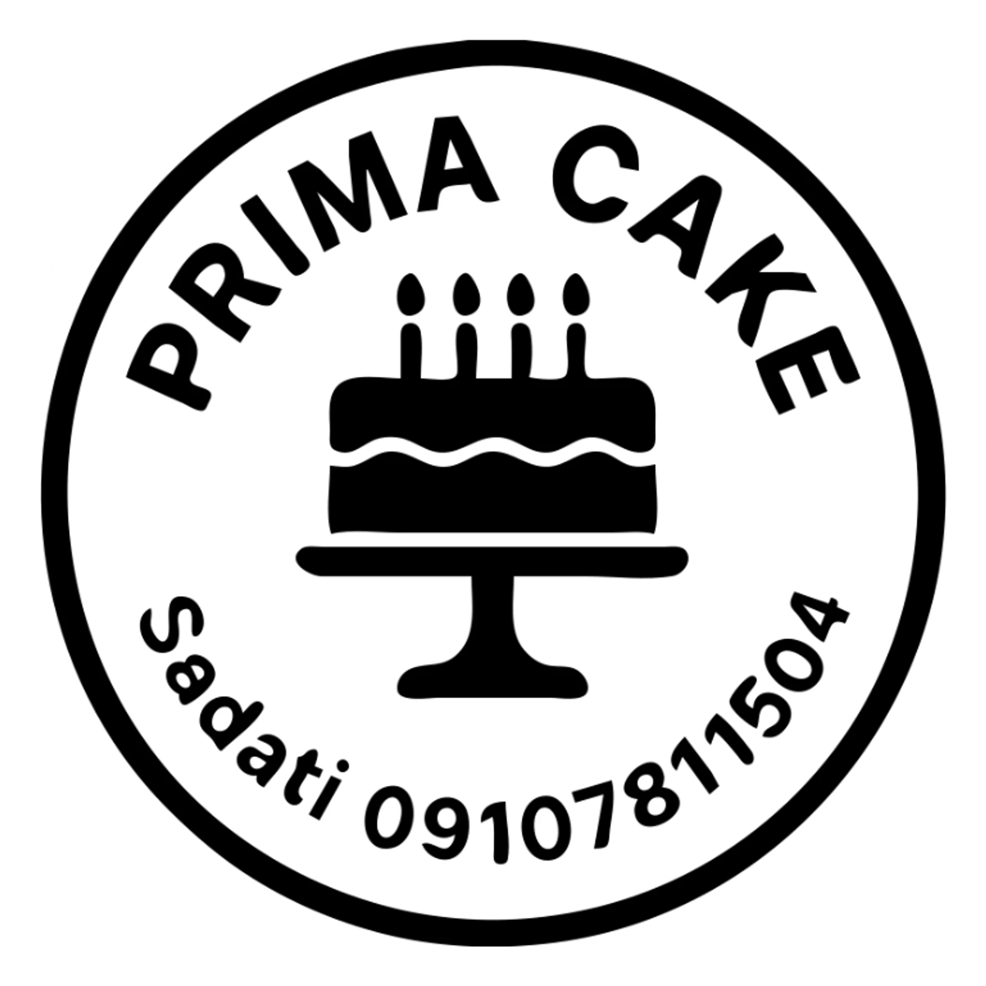 A circular logo for Prima Cake bakery with a pink cake at the center, featuring the text Prima Cake in English and the contact info Sadati 09107811504 below it. The logo should have a pink circular border and a white background, designed to be printable for cake decoration. The style should be elegant and suitable for a bakery sticker