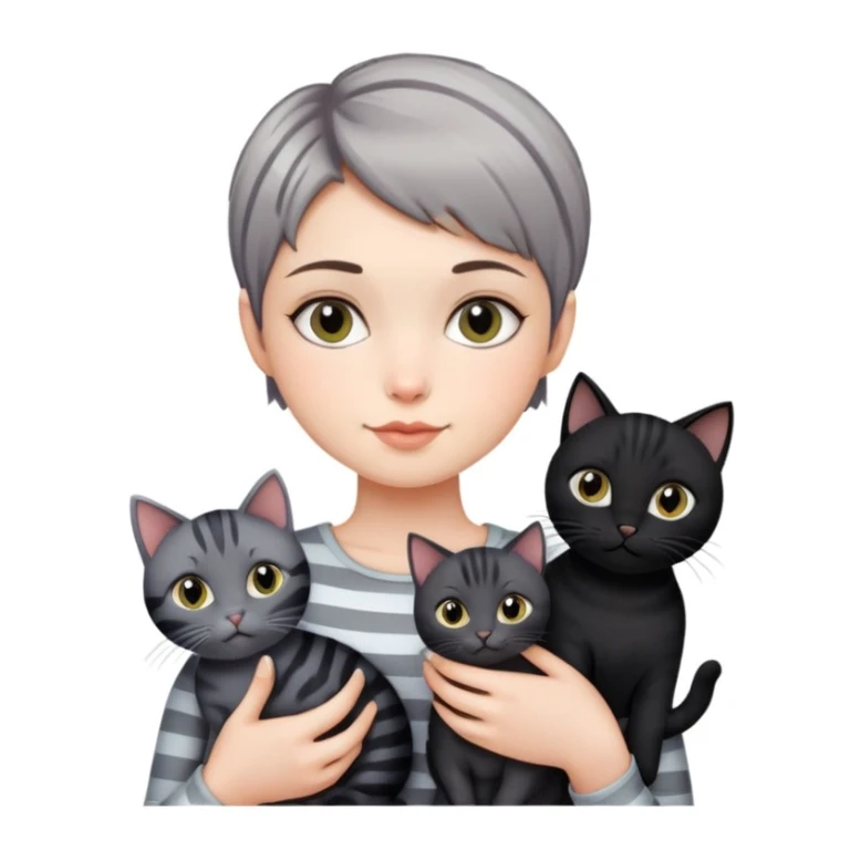 Girl with short pixie cut holding three cats, one black cat, one grey cat, and one grey-striped cat sticker