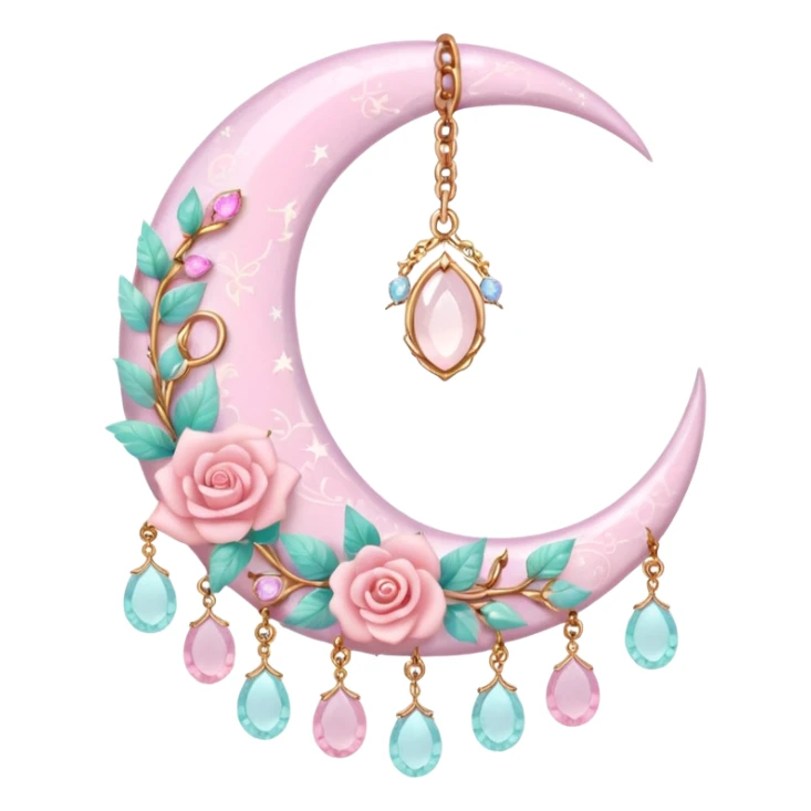 Rosy shiny glossy sparkly romantic pastel crescent damask moon with rose quartz pastel vines pastel gems pastel beads with feathers and chains  sticker