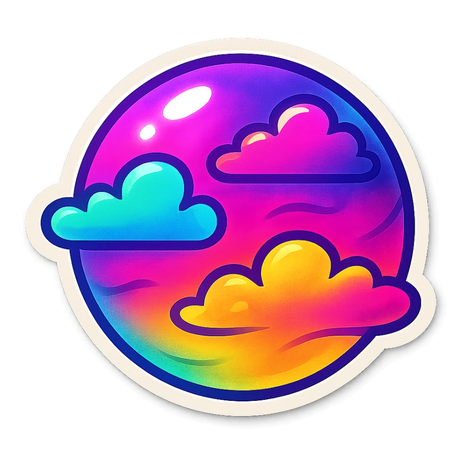 Cute planet with neon colors, clouds, and whimsical patterns, Lisa Frank style, emoji sticker