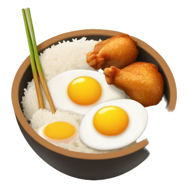 a bowl of rice with two eggs and two chicken drumstick on top sticker