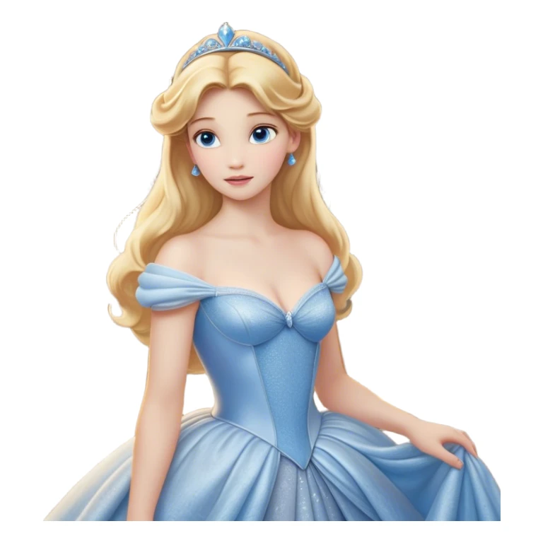 Cinematic Realistic Cute Cinderella Portrait, featuring fair, luminous skin with finely detailed texture and softly lit golden-blonde hair cascading in gentle waves. Her warm, inviting blue eyes sparkle with youthful charm and curiosity, while her classic, elegantly draped ball gown reveals meticulously rendered fabric details and natural folds. The overall composition is bathed in a gentle, realistic radiance that exudes both playfulness and heartfelt beauty. sticker