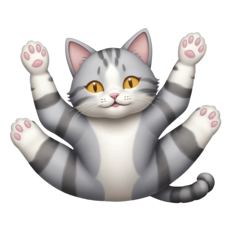 grey and white small cat eyes closed lying down upside down with paws stretched out straight in different directions sticker